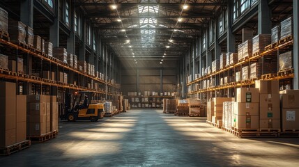 A warehouse utilizing electric forklifts and energy-efficient lighting, with eco-friendly products being packed and shipped.