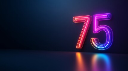 Number 75 Neon Sign, Vibrant Nightclub Style with Reflection on Dark Background. 3D Illustration.