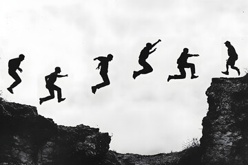 Daring leap captured in silhouette, showing man jumping across cliff in midair sequence, symbolizing risk, courage, adventure, and overcoming challenges in dramatic black and white

