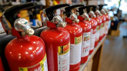 A Row of Red Fire Extinguishers on a Shelf