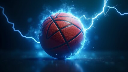 A basketball glowing with blue lightning bolts, capturing the intensity and speed of the game