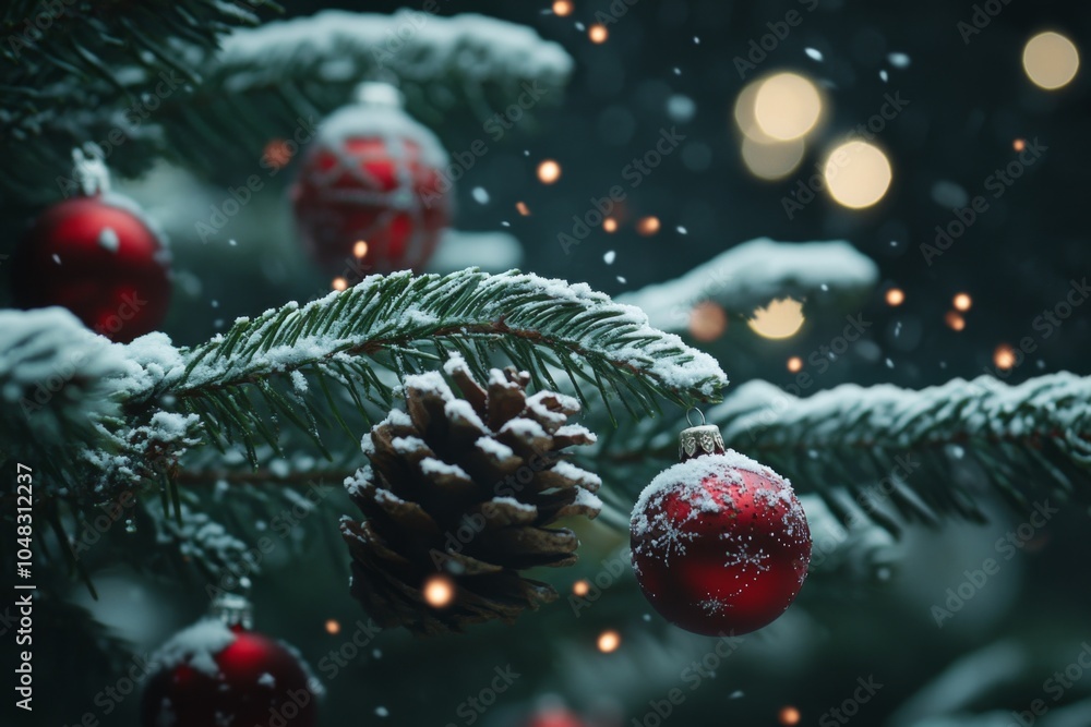 Poster â€œclose-up of a snowy christmas tree adorned with red ornaments and pine cones, sparkling lights an