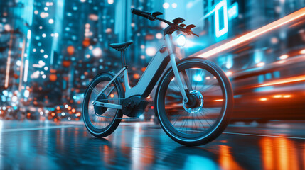 A white electric bike sits on a city street at night, with blurred lights in the background.