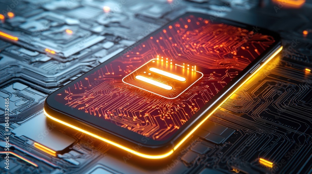 Poster close-up of a smartphone displaying advanced circuitry and glowing elements, symbolizing modern tech