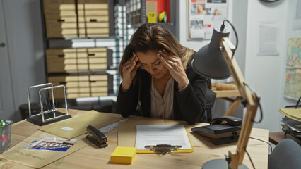 A stressed hispanic woman detective with a badge in a cluttered police office, surrounded by case...