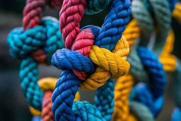 Colorful twisted ropes tied in complex knots, vibrant interwoven threads, strong fiber texture, close-up detail, artistic pattern, teamwork symbol, strength, connection, unity

