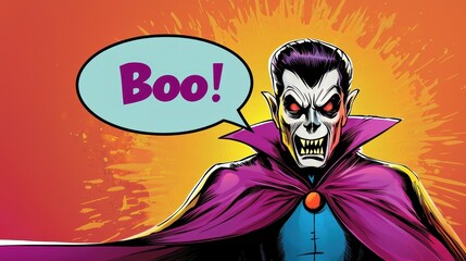 Colorful Pop Art Vampire with Purple Cape and Speech Bubble