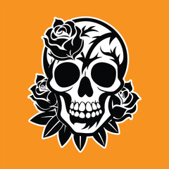 Black and White Skull with Roses Vector on Orange Background, Detailed Skull and Roses Illustration with Bold Contrast