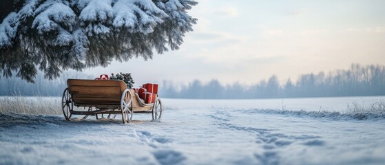 Naklejka premium Charming Winter Scene: Vintage Sleigh Amidst Snow-Covered Landscape, Pine Trees Draped in Frost, Evoking Cozy Holiday Nostalgia and Tranquility
