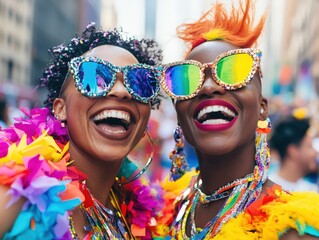 Two radiant individuals, adorned in festive attire, radiate pure joy and pride in their expressions and colorful aesthetics, celebrating diversity and cultural identity.