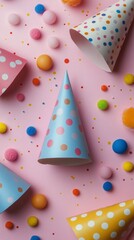 Colorful party hats and decorations scattered on a pink background for a festive celebration