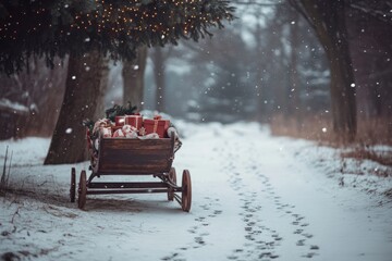 Charming winter scene featuring a rustic wagon filled with festive gifts, surrounded by snow-covered trees and gently falling snowflakes.