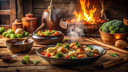 Obraz premium Vintage Panda Express Meal Preparation in a Rustic Kitchen Setting