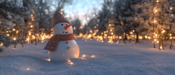 Fototapeta premium Charming snowman wearing a scarf amidst a snowy winter landscape, adorned with twinkling fairy lights in a serene forest setting at dusk.