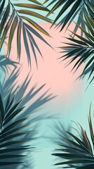 Vibrant palm leaves casting shadows on a bright pink blank canvas in a tropical setting