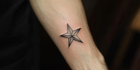 Close-up of a simple, geometric star tattoo inked on the forearm.