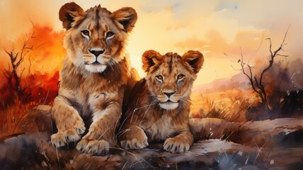 Obraz premium Two lione cubs watercolor illustration