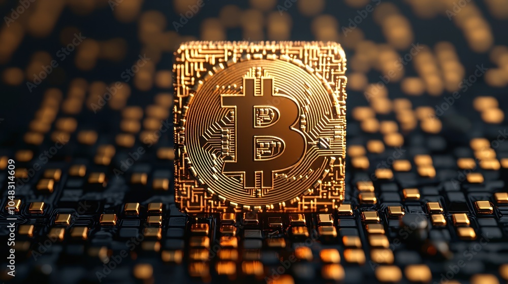 Poster a detailed view of a golden bitcoin on a sparkling background, symbolizing digital currency and inve