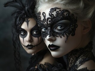 Two women showcase gothic elegance with intricately designed black masks, expressing mystery and allure against a dark backdrop in a theatrical setting.