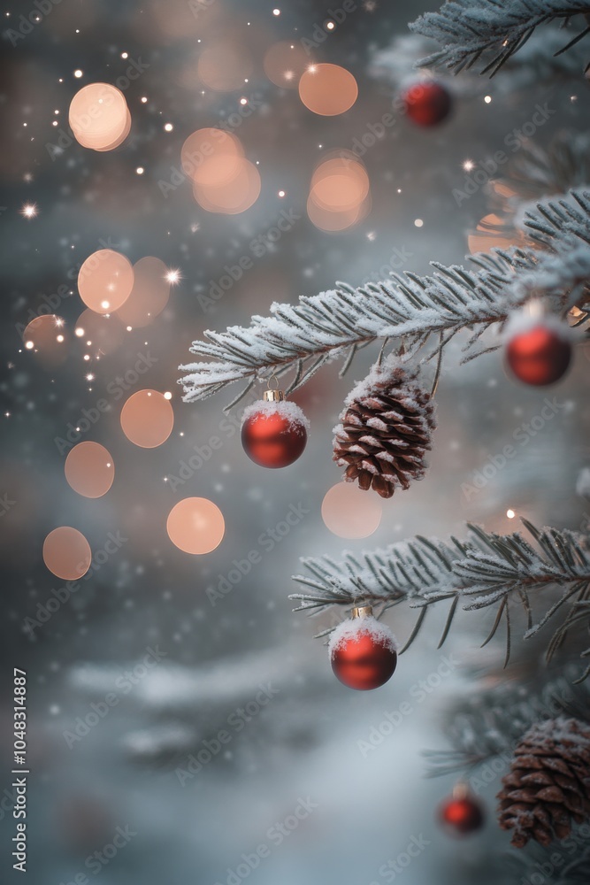 Poster charming christmas tree close-up with frosted pine cones and red ornaments, capturing a magical snow