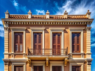 Fototapeta premium Vintage Style Facade with Brown Shutters in Athens Under a Deep Blue Sky