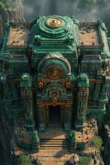 An ancient, ornate temple structure nestled among rocky cliffs, showcasing intricate designs.