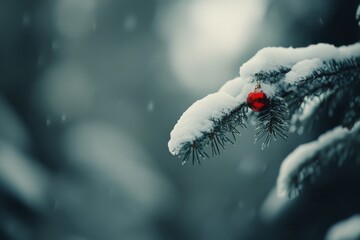 Winter Wonderland: Snow-Covered Pine Branch with Bright Red Berry Amidst a Softly Falling Snowfall, Creating a Peaceful Holiday Atmosphere.