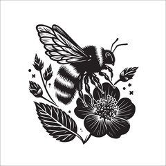 Bumble Bee Flower Clipart SVG black and white silhouette Vector Design