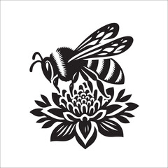 Bumble Bee Flower Clipart SVG black and white silhouette Vector Design