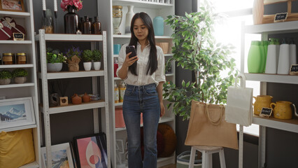 Young chinese woman browsing on her phone while standing in a beautifully decorated home decor store filled with various ornamental items.