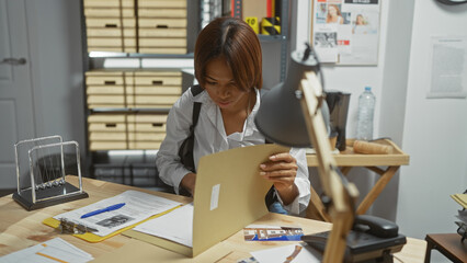 An african american woman detective examines evidence in a police department's office