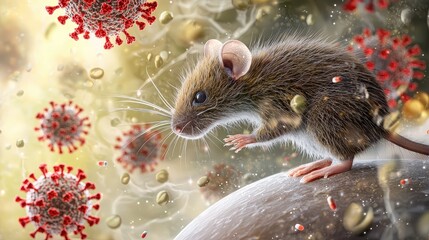 Hantavirus Transmission Mouse Close Up with Virus Particles Medical Illustration