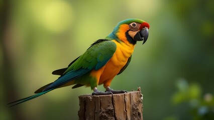 Obraz premium A parrot sits on a tree stump