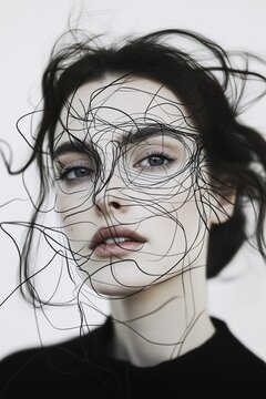 A Woman With Flowing Hair and Intricate Thread Art Covering Her Face Poses Against a Minimalist Backdrop in an Artistic Studio Environment
