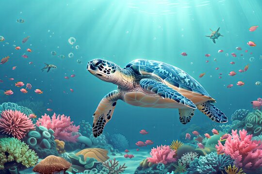 A picture at the bottom of the ocean in which there are many marine animals and there is also a turtle