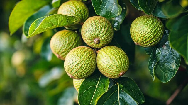 Green macadamia nuts growing on a tree in a tropical orchard