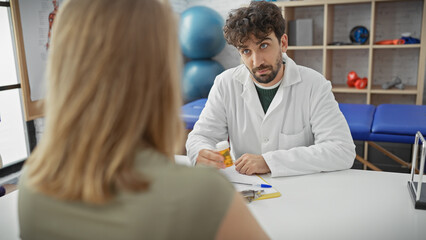 A male doctor prescribes medication to a female patient inside a medical clinic.