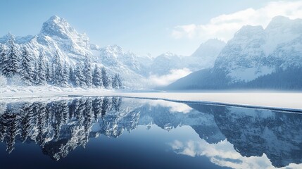 Obraz premium A crisp winter morning at a glassy lake, capturing the flawless reflection of snow-covered peaks, with the shoreline dusted in snow