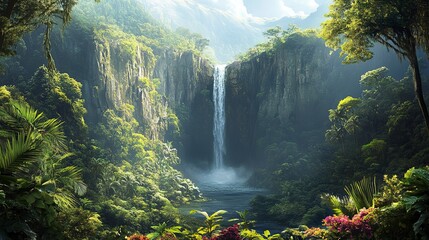 A dramatic jungle landscape with a powerful waterfall plunging into a deep chasm, surrounded by towering trees and vibrant foliage, real photo, stock photography
