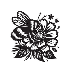 Bumble Bee Flower Clipart SVG black and white silhouette Vector Design