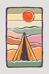 Tent of camping in front the mountains hand drawing with grunge effect illustration for t shirt badge and sticker