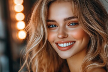 Fototapeta premium Close-up of a young woman with radiant blue eyes and wavy blonde hair, smiling warmly against a blurred background of warm lights.