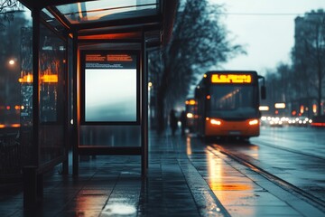 Obraz premium A Rainy Urban Evening at a Bus Stop With a Passing Bus and Empty Streets Illuminated by City Lights
