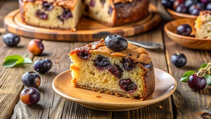 Prune cake with wooden table