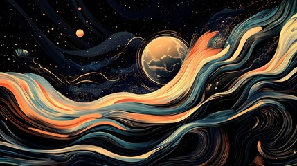 Abstract blue and gold planet Earth with Sun and flowing energy waves in the space, universe background