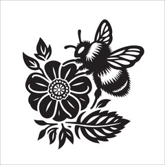 Bumble Bee Flower Clipart SVG black and white silhouette Vector Design