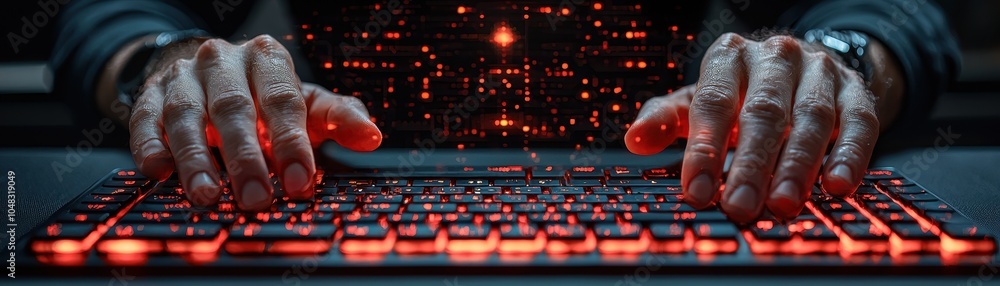 Poster an illuminated keyboard and hands typing, suggesting a high-tech environment, possibly for programmi