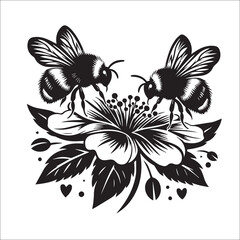 Bumble Bee Flower Clipart SVG black and white silhouette Vector Design