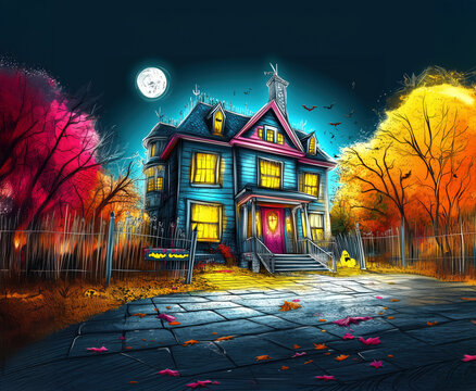 A colorful cartoon illustration of a  haunted house during Halloween night with a bright moonlight, hyper-realistic pop art, colorful street scene, detailed character design,  ultra-detailed and ultra