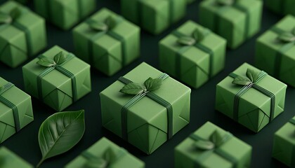 Obraz premium A collection of green gift boxes arranged neatly, adorned with leaves, symbolizing eco-friendly gifting and sustainability.